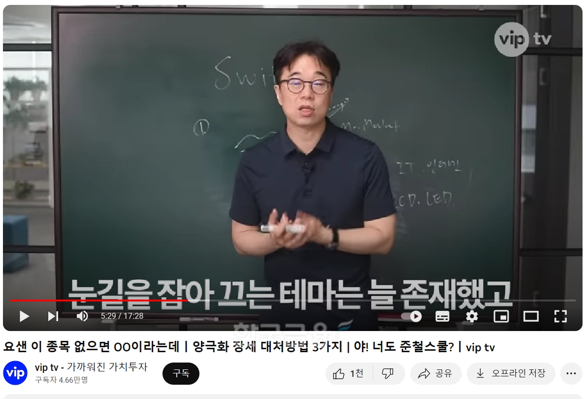 김민국 VIP자산운용 공동대표가 2023년 7월 자사 유튜브(YouTube) 채널(Channel·경로) 〈VIP TV〉를 통해 지금의 양극화 장세에서 대처 방법을 설명하고 있다./사진=VIP자산운용 유튜브 〈VIP TV〉 갈무리