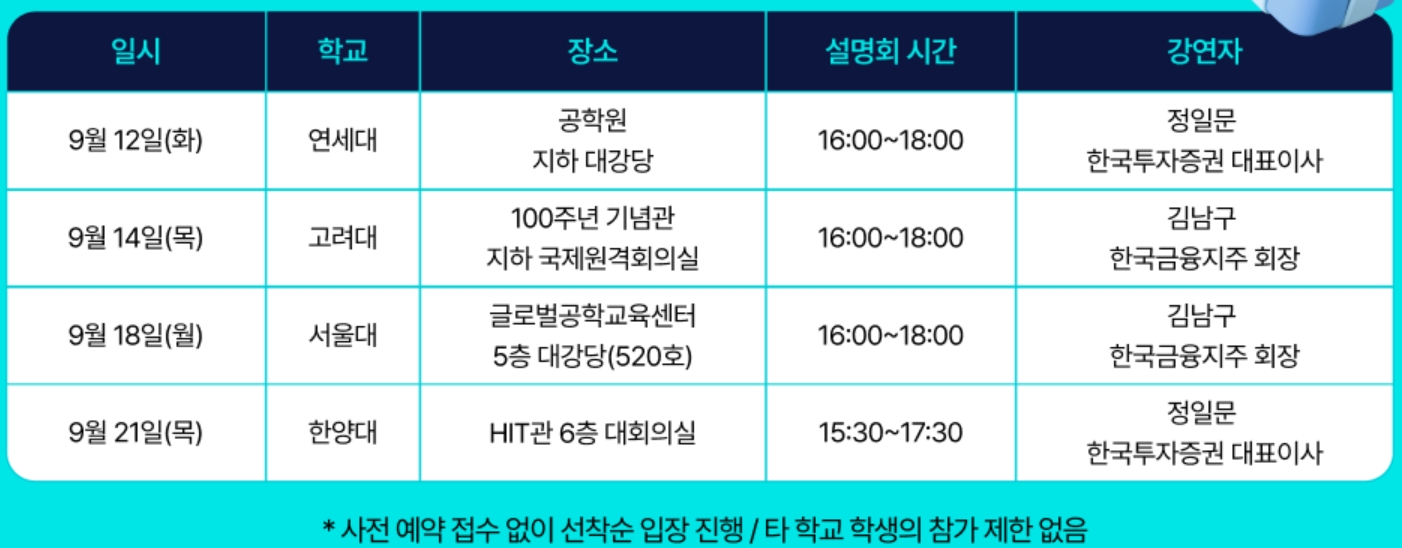 한국투자증권 2023년 대학교 채용설명회 일정 / 자료제공= 한국투자증권(2023.09.04)