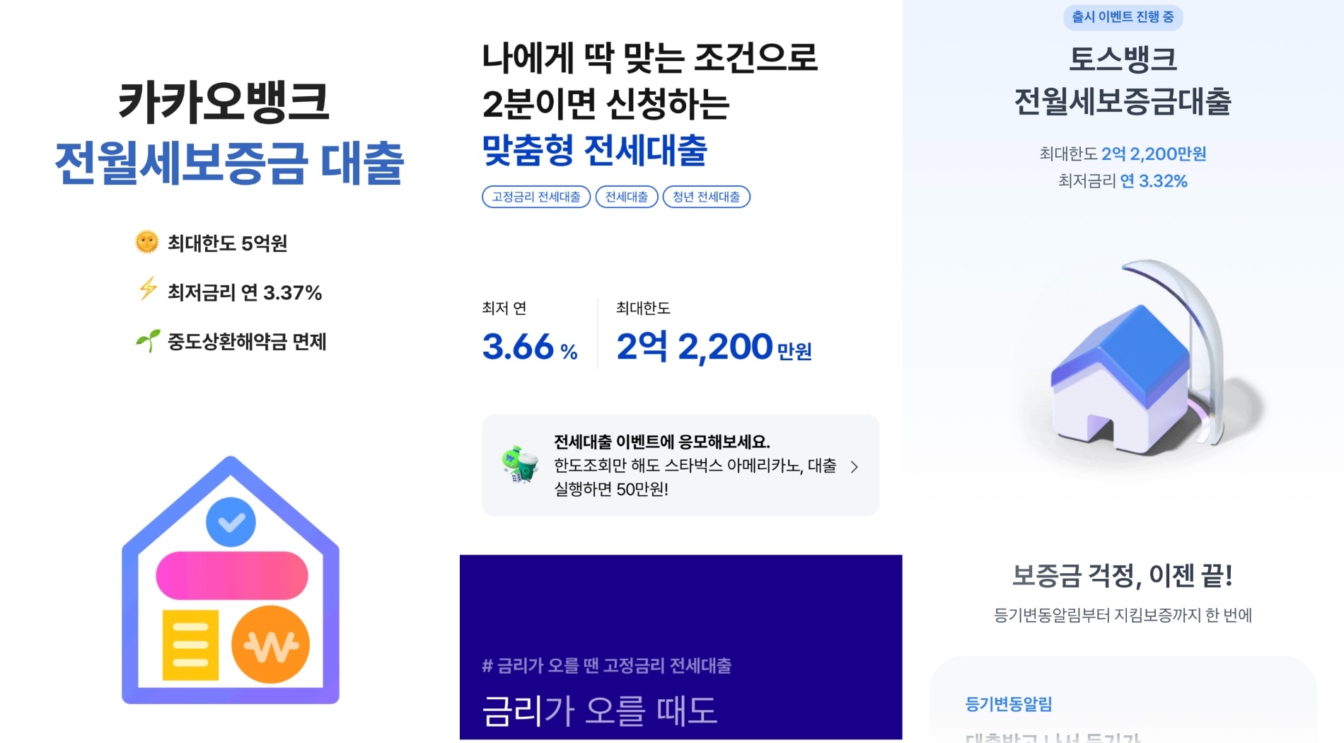 인터넷전문은행 앱 내 전월세보증금대출 신청 화면 갈무리. 사진 왼쪽부터 카카오뱅크와 케이뱅크, 토스뱅크.