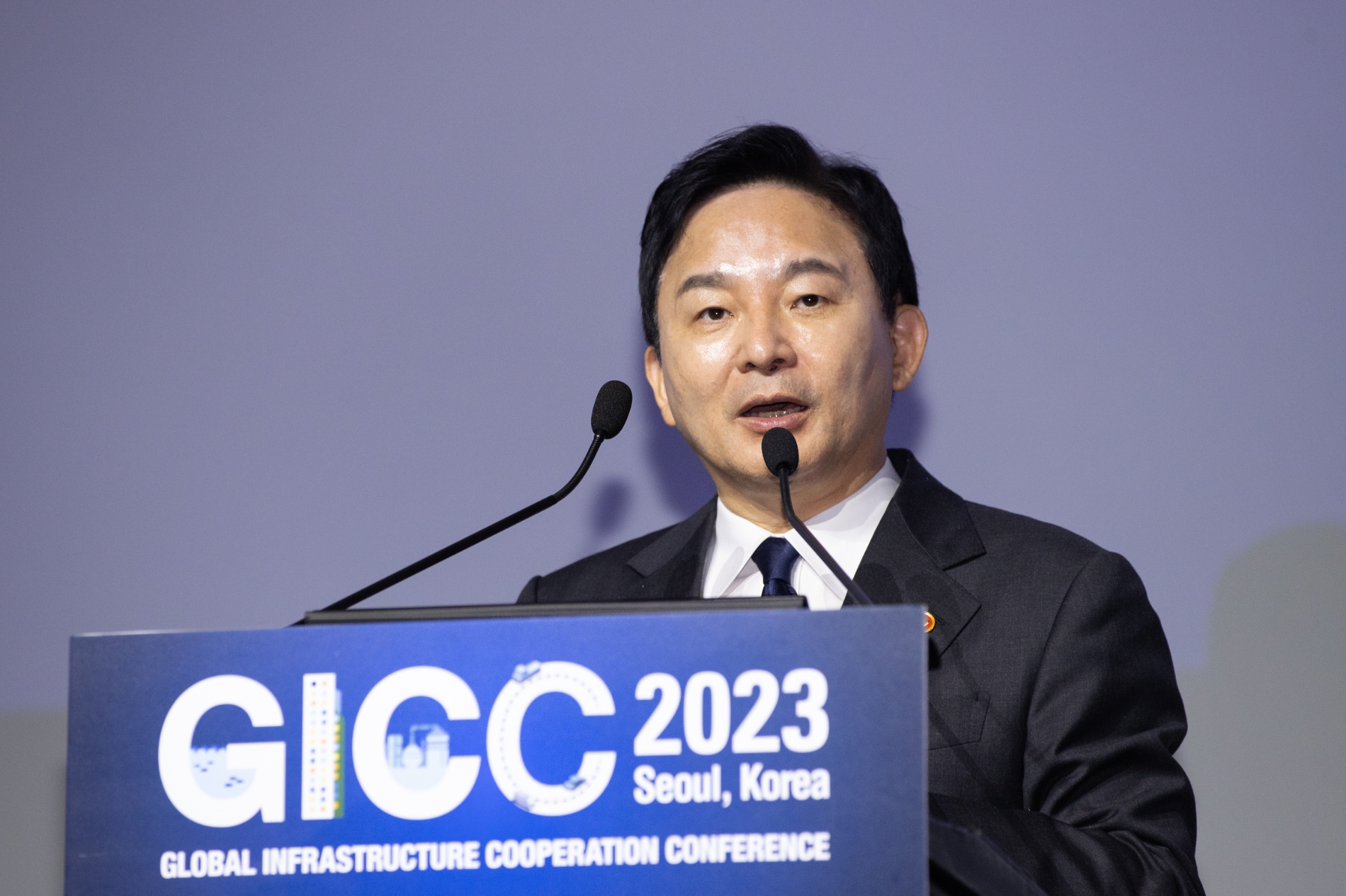 19일 열린 글로벌 인프라 협력 콘퍼런스(GICC)에서 원희룡 국토교통부 장관이 발언하고 있다. / 사진제공=국토교통부
