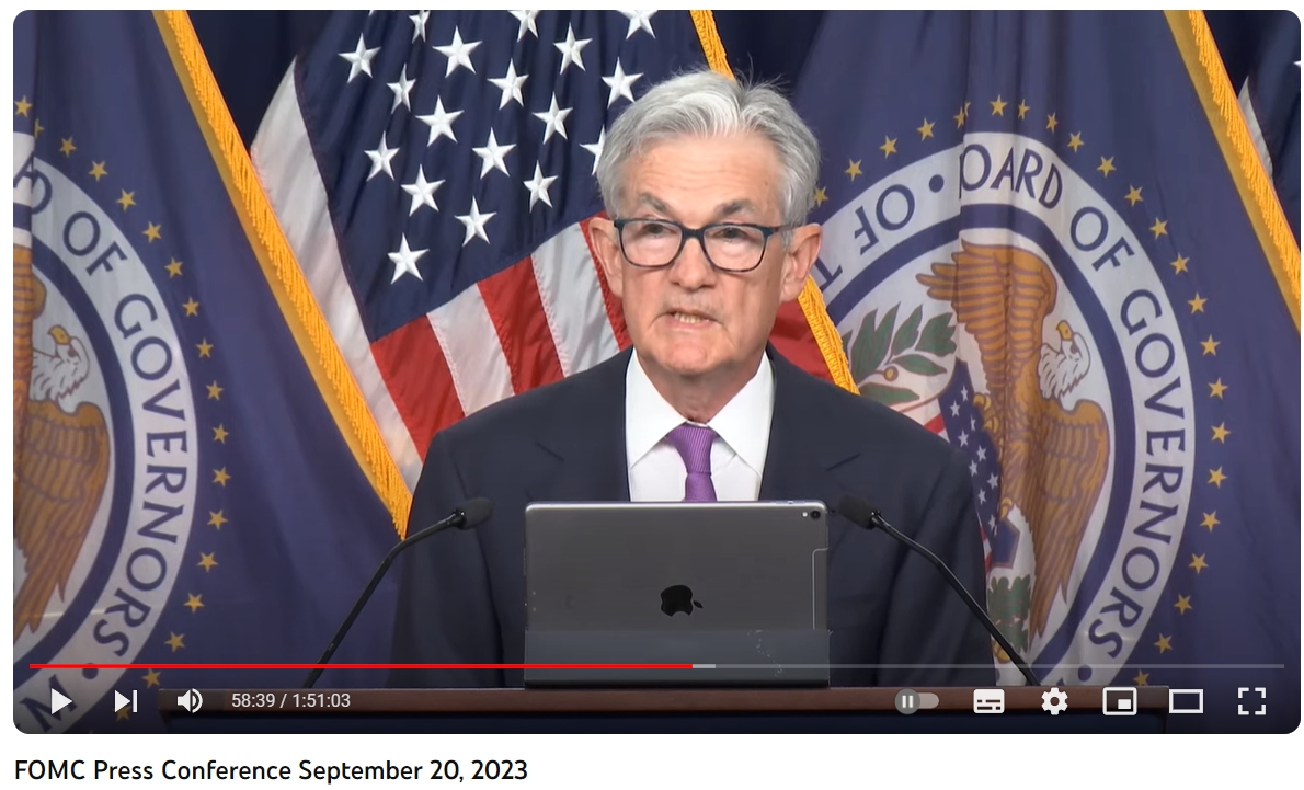 제롬 파월 미국 연준(Fed) 의장 FOMC(연방공개시장위원회) 후 기자회견(2023.09.20) / 사진출처= Federal Reserve 유튜브 채널 갈무리