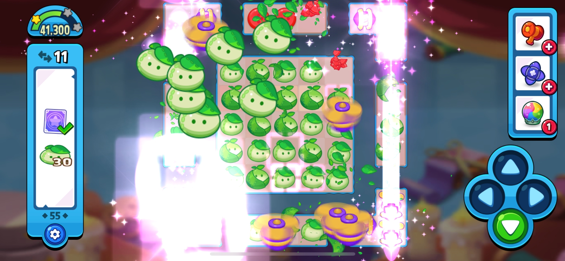 드래그를 통해 특수 아이템끼리 모으면 추가적인 파괴 효과가 발생한다. 화려한 그래픽으로 게임 플레이 쾌감을 배가시킨다. / 사진=퍼즈업 아미토이 앱 갈무리
