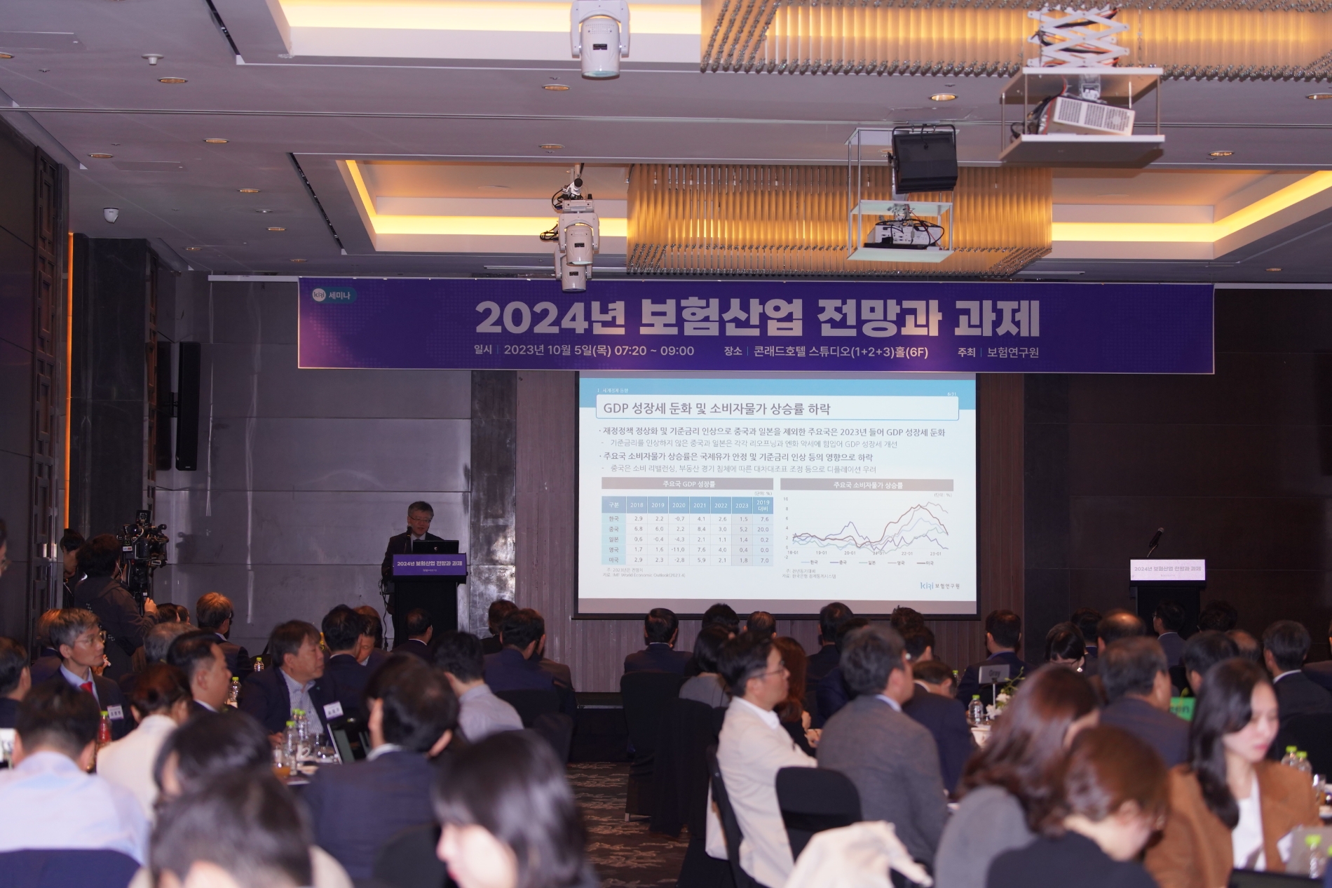 윤성훈 보험연구원 선임연구위원 5일 콘래드호텔에서 '2024년 경제·금융환경 전망을 발표하고 있다.(2023.10.05.)./사진제공=보험연구원