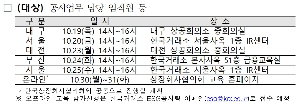 한국거래소(KRX‧이사장 손병두)가 최근 기업지배구조 보고서 가이드라인(Guideline‧안내 지침서)을 개정하고 지배구조 점검체계를 개편함에 따라 진행하는 ‘기업지배구조 보고서 가이드라인 개정 설명회’ 일정./자료제공=KRX