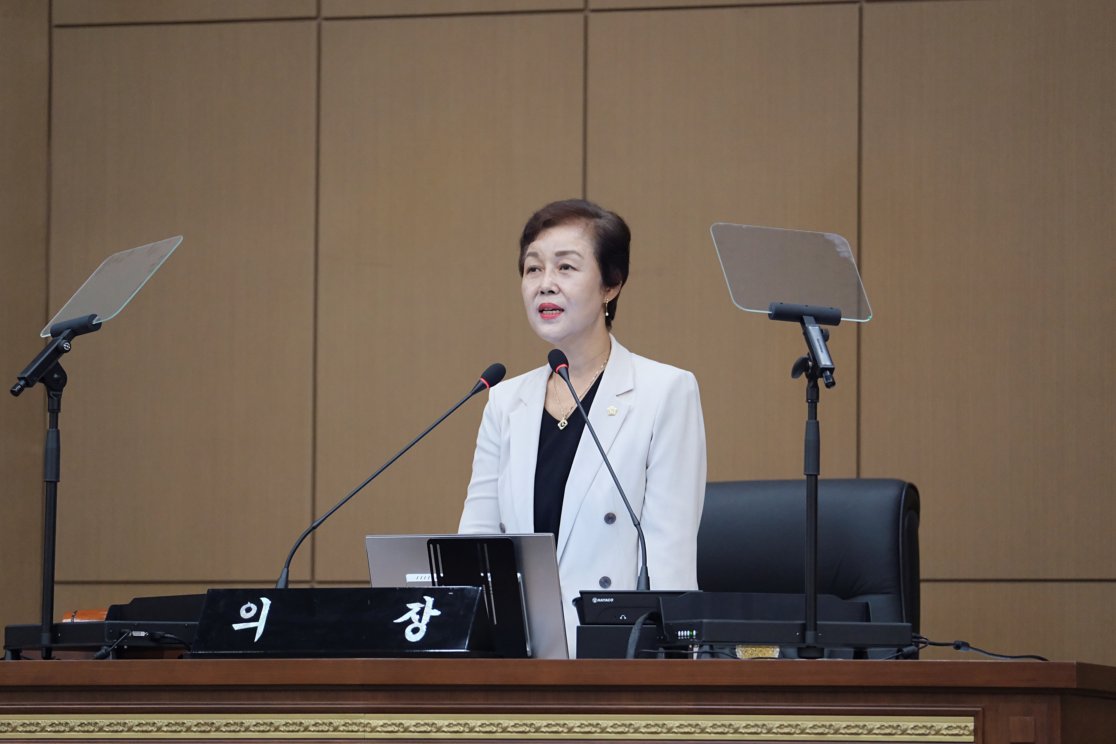 마포구의회 김영미 의장이 임시회 본회의에서 개회사를 하는 모습./사진제공=마포구의회