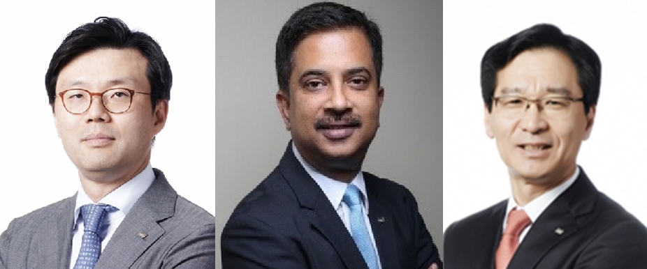 미래에셋 신임 부회장. (왼쪽부터) 미래에셋자산운용 이준용·Swarup Mohanty(인도법인) 부회장, 미래에셋생명 김재식 부회장. / 사진제공= 미래에셋그룹(2023.10.23)