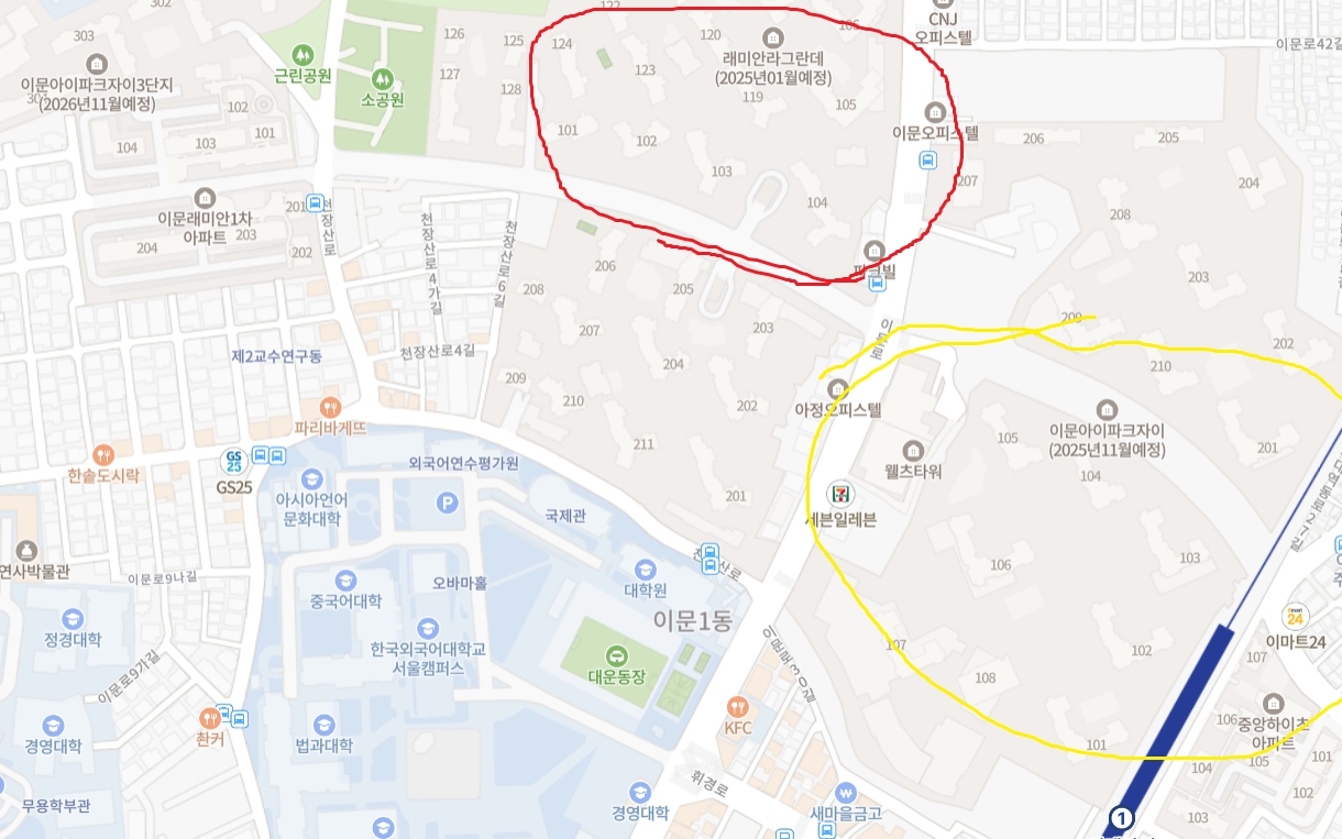 이문1구역 '래미안 라그란데' (붉은 원), 이문3구역 '이문아이파크자이'(노란 원) 위치도 / 자료=네이버 지도