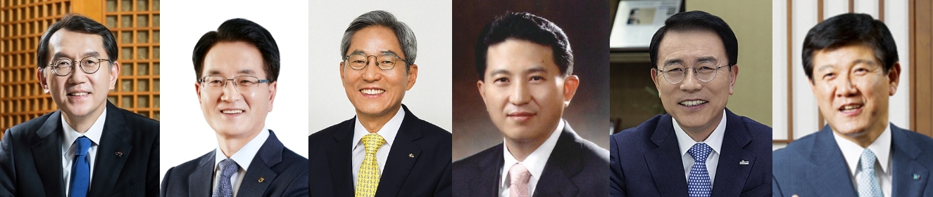 차기 은행연합회장 잠정 후보군. (왼쪽부터) 박진회 전 한국씨티은행장, 손병환 전 NH금융지주 회장, 윤종규 KB금융지주 회장, 임영록 전 KB금융지주 회장, 조용병 전 신한금융지주 회장, 조준희 전 IBK기업은행장.