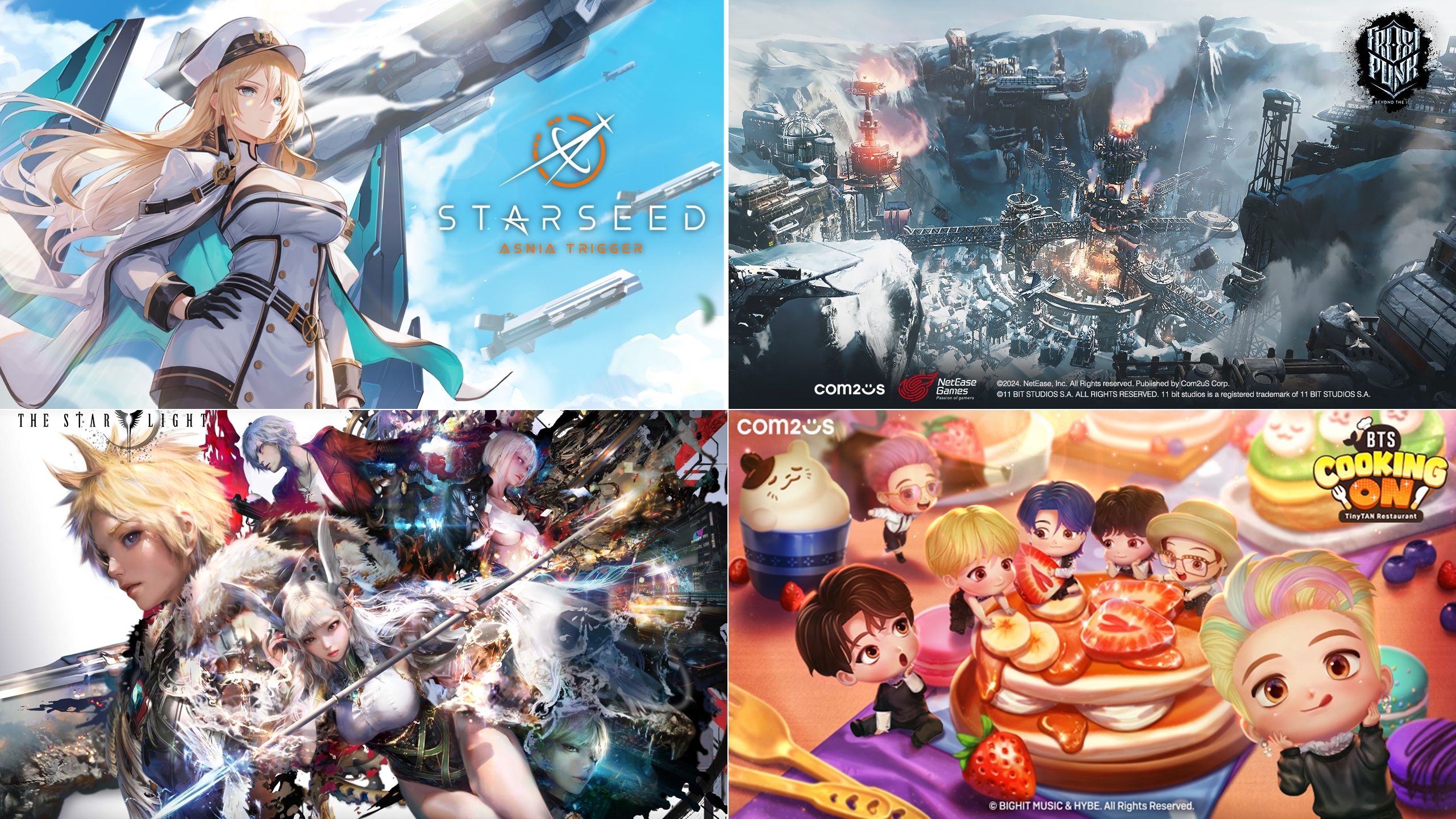 컴투스가 글로벌 퍼블리싱 역량을 강화해 대작 파이프라인 구축에 나선다. (왼쪽 상단부터 시계 방향으로) 스타시드: 아스니아 트리거, 프로스트 펑크: 비욘드 더 아이스, BTS 쿠킹온: 타이니탄 레스토랑, 더 스타라이트 대표 이미지. / 사진제공=컴투스