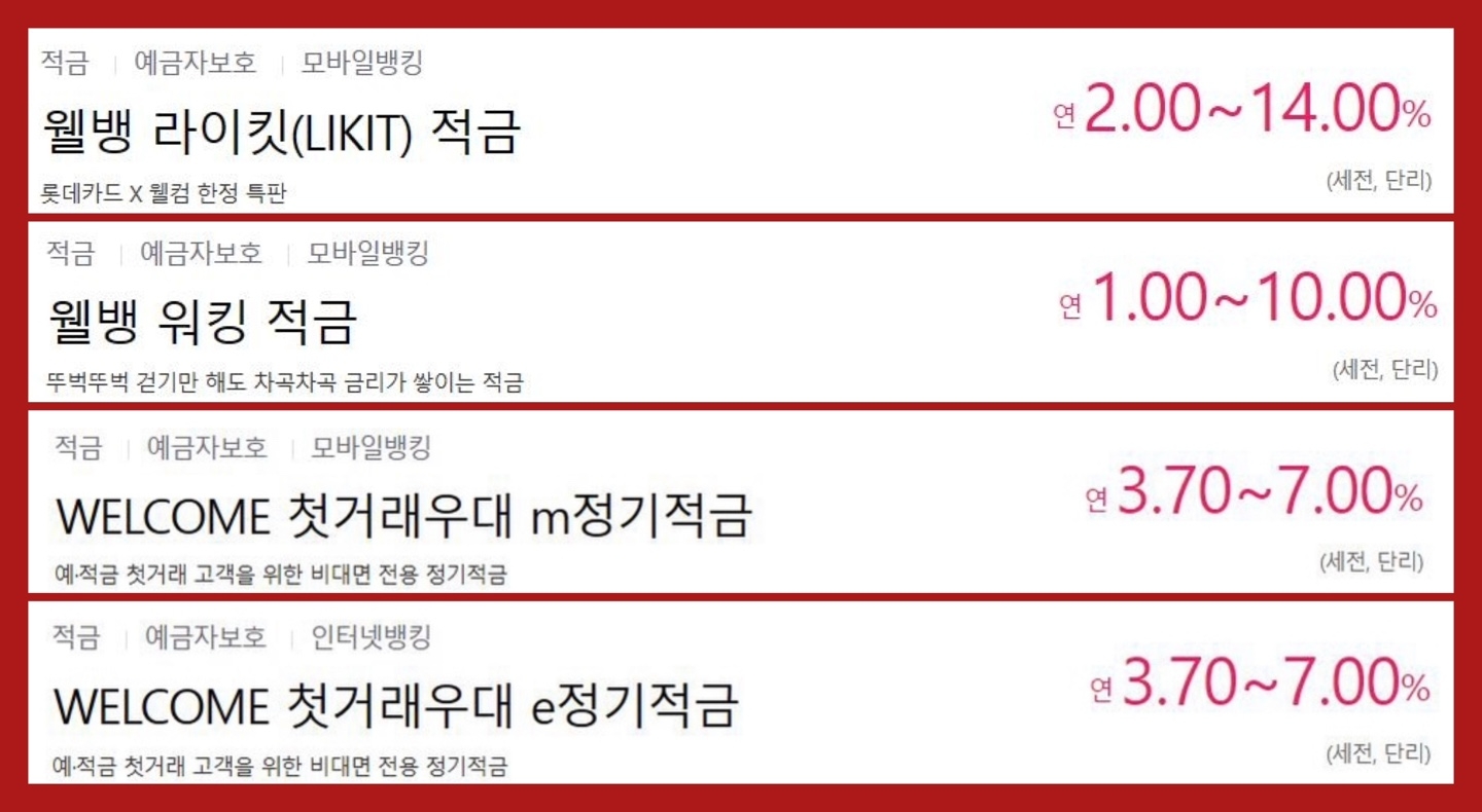 웰컴저축은행 고금리 적금 상품 리스트./ 캡쳐=웰컴저축은행 홈페이지