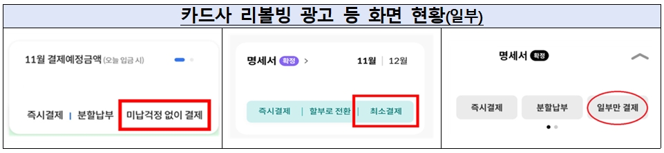 카드사 리볼빙 광고에서 사용되는 '최소 결제'와 미납 걱정 없이 결제' 등의 용어를 '일시불 분할납부 서비스'와 혼동하는 것을 주의해야 한다. /자료제공=금융감독원