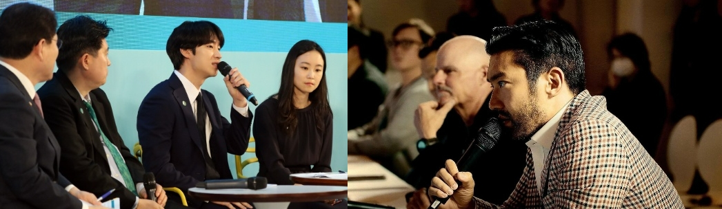 배우 이제훈(오른쪽에서 두번째)이 2019년 3월 21일 을지로 기업은행 본점에서 열린 혁신금융 비전 현장 간담회에 참석해 이야기하고 있다. (오른쪽) 배우 최시원이 지난 10월 19일 열린 '2023 스타트업콘'에 심사위원으로 참여했다. /사진제공=최시원 인스타그램 갈무리