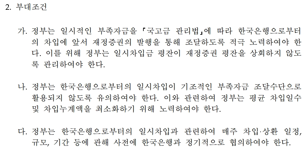 자료출처= 한국은행 금융통화위원회 '2024년도 의안 제2호 - 2024년도 한국은행의 대정부 일시대출금 한도 및 대출조건 결정(안)' 내용 일부 갈무리(2024.01.11)