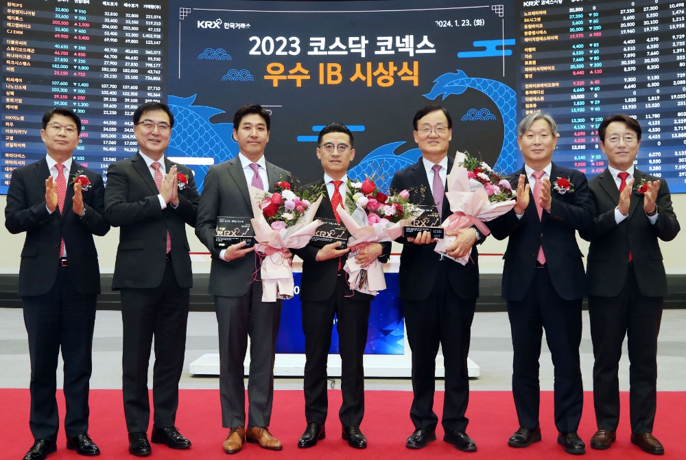 한국거래소는 23일 오후3시30분 서울사옥 홍보관에서 2023년 IPO 주관업무에 대한 우수IB 시상을 했다. 종합 최우수 IB로 미래에셋증권, 코스닥 우수IB로 삼성증권, 코넥스 우수IB로 IBK투자증권을 선정했다. 시상 후 기념촬영. 왼쪽부터 정상호 한국거래소 코스닥시장본부장보, 손병두 한국거래소 이사장, 이재현 삼성증권 부사장, 김미섭 미래에셋증권 부회장, 서정학 IBK투자증권 대표이사, 홍순욱 한국거래소 코스닥시장본부장, 이부연 한국거래소 코스닥시장본부장보. / 사진제공= 한국거래소(2024.01.23)