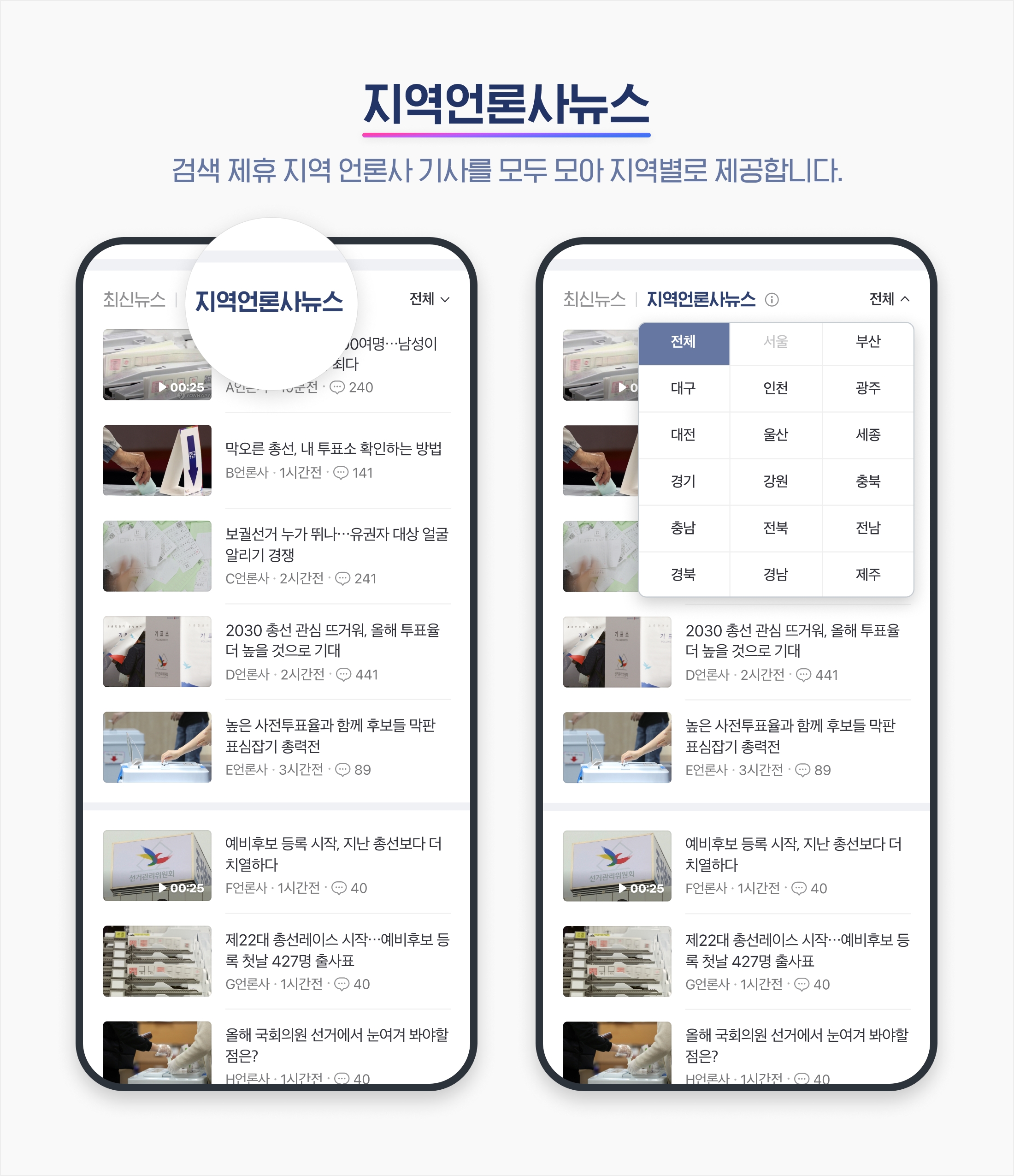 네이버가 내달 공개 예정인 제22대 국회의원 선거 특별 페이지에 지역별로 선거 뉴스를 최신순으로 볼 수 있는 '지역 언론사 뉴스' 탭을 신설한다. / 사진제공=네이버