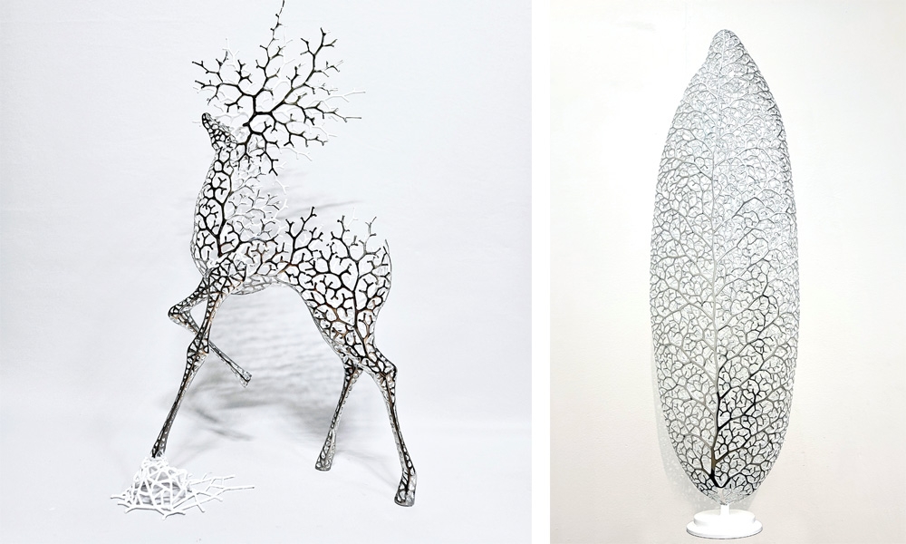 좌) 2023, 스테인리스 스틸, 우레탄 도색, 70(h)x39x13cm/ 우) 2022, 스테인리스 스틸, 우레탄 도색, 120(h)x35x18cm