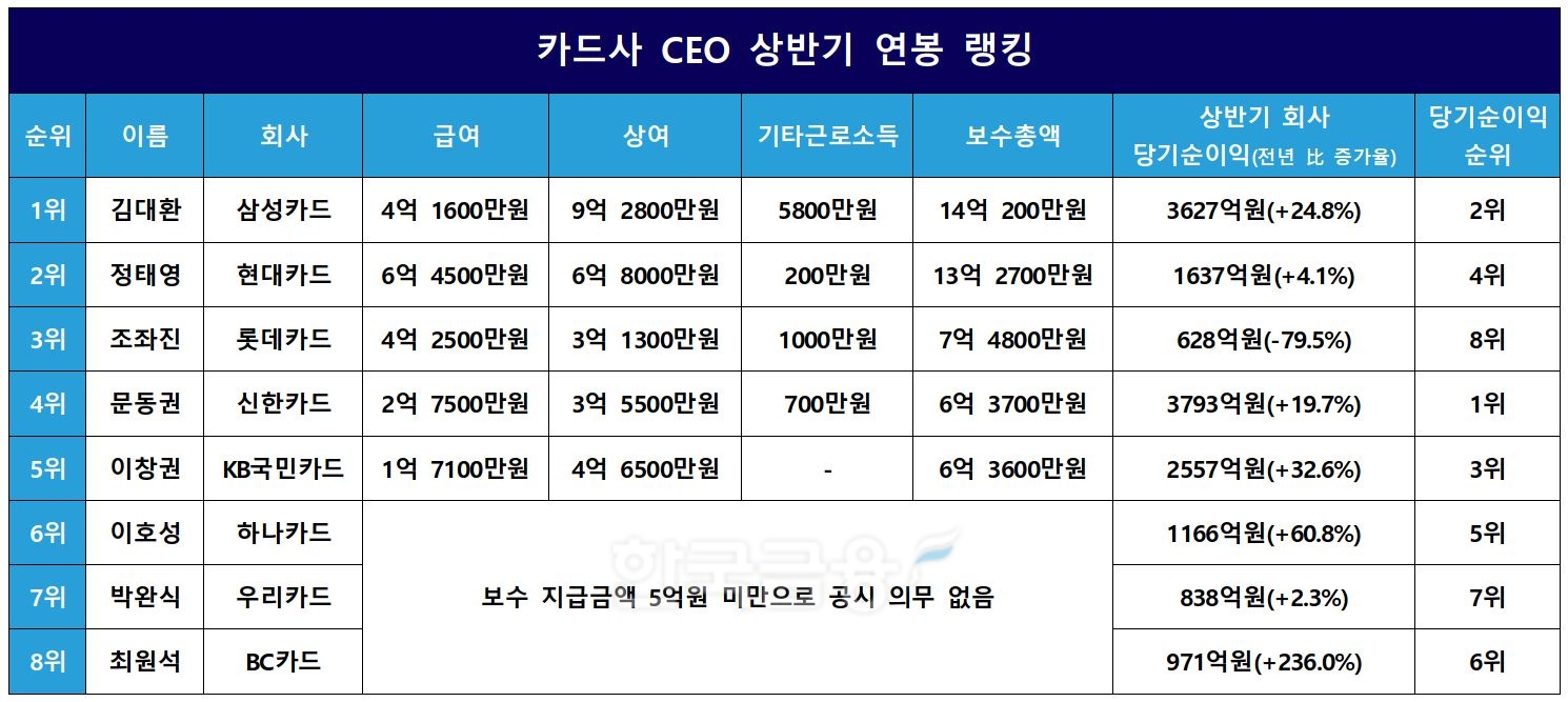 카드사 CEO 상반기 연봉 랭킹./ 자료 = 금융감독원 전자공시시스템