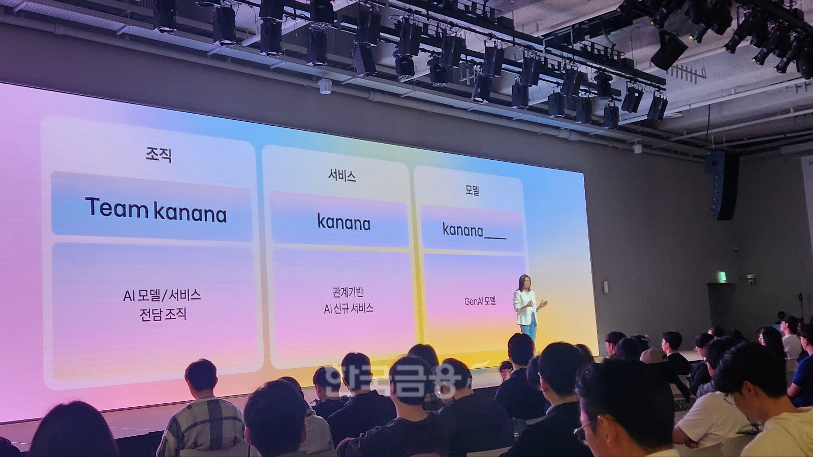 카카오의 신규 AI 서비스 브랜드 '카나나'에 대해 설명하고 있는 정신아 카카오 대표. / 사진=김재훈 기자