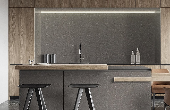 롯데케미칼의 래디언스 나폴리그리지오 컬러가 적용된 싱크대