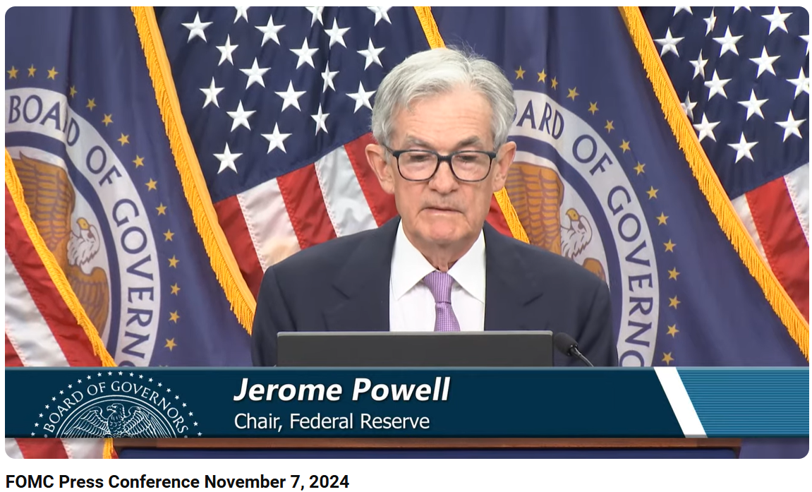 제롬 파월 미국 연준(Fed) 의장 기자회견(2024.11.07) / 사진출처= Federal Reserve 유튜브 채널 갈무리