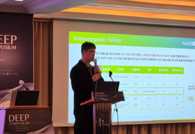 '딥 심포지엄'에서 강남뷰베스트의원 이유석 원장이 나보타 임상결과에 대해 발표하고 있다. /사진=대웅제약