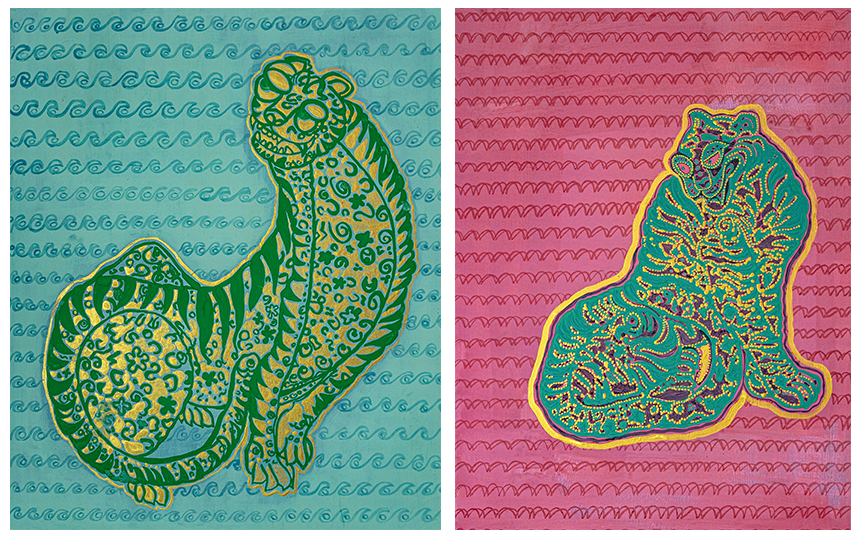 좌) 이명희, 상그레~, 2024, 천에 채색, 72.7×60.65cm, 우) 이명희, 새실새실~, 2024, 천에 채색, 90.9×72.7cm