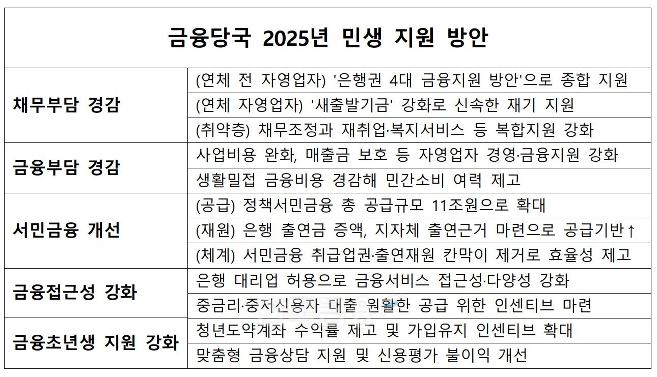 금융당국 2025년 민생 지원 방안./ 자료 = 금융위원회