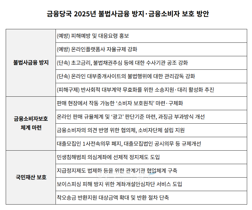 금융당국 2025년 불법사금융 방지·금융소비자 보호 방안 표./표 = 김다민 기자