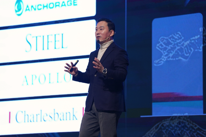 김성환 한국투자증권 사장이 지난 1~2일 서울 용산 서울드래곤시티호텔에서 열린 '2025 경영전략회의'에서 발표하고 있다. / 사진제공= 한국투자증권(2025.02)