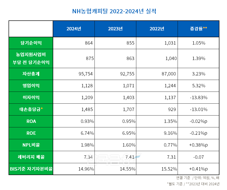 NH농협캐피탈 2022-2024년 실적 표./표 = 김다민 기자