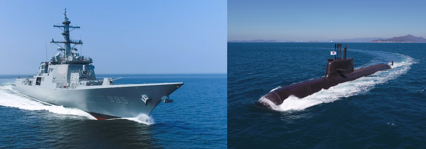 (From left) The ROKS Jeongjo the Great, the 1st ship of the KDX-III Batch-II destroyers built by HD Hyundai Heavy Industries, and the Changbogo-III submarine constructed by Hanwha Ocean. / Photo courtesy of each company