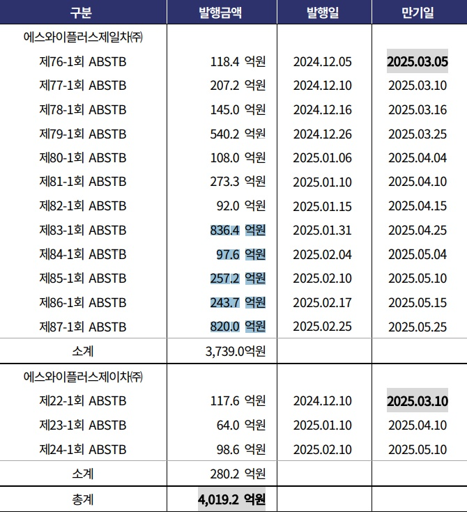 기발행 미상환 유동화증권 내역. /사진=한국기업평가