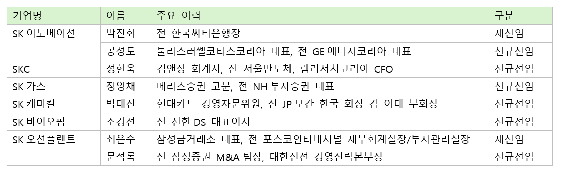 SK그룹 2025년 주요 계열사 사외이사 및 사외이사 후보 명단
