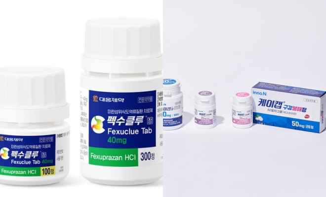 대웅제약 펙수클루(왼쪽)와 HK이노엔 케이캡 제품 이미지. /사진=각 사