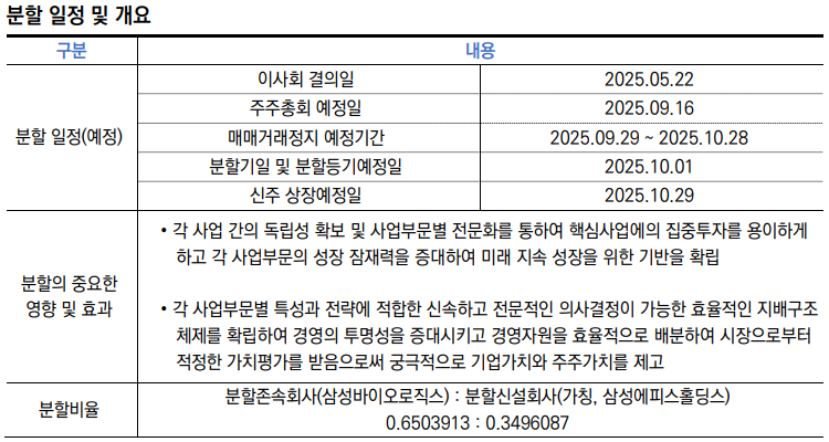 삼성바이오로직스 인적분할 및 개요./출처=삼성바이오로직스