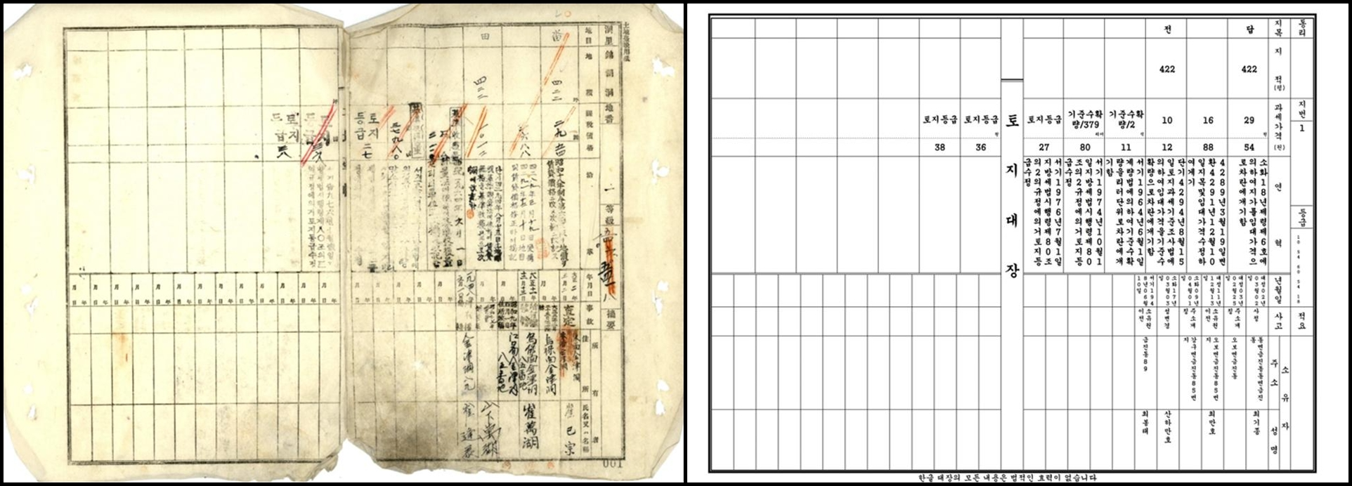 구 토지대장(외쪽)과 한글변환토지대장./사진제공=한국지역정보개발원