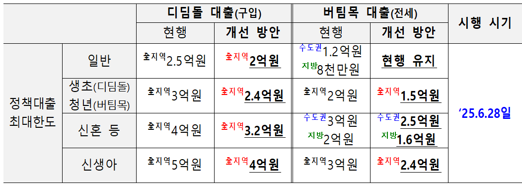 정책대출 최대한도 변경안