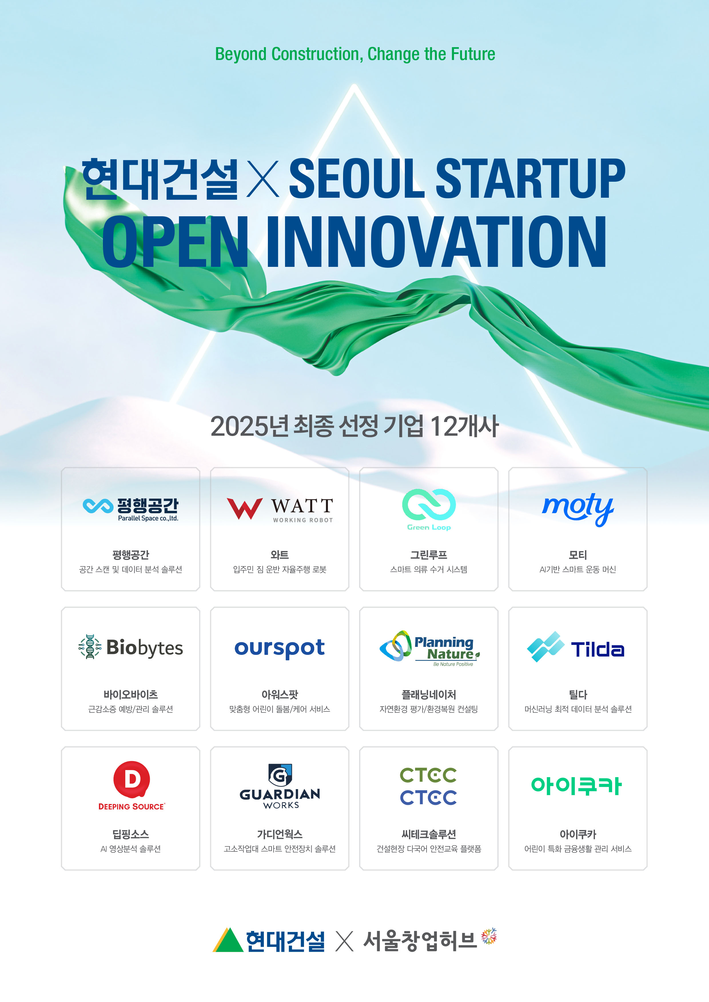 ‘2025 현대건설 x Seoul Startup Open Innovation’ 선발 업체 포스터. /사진제공=현대건설