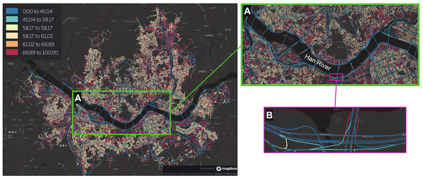 카카오내비는 도로 진출입을 위한 대기열로 인해 사용자의 경로이탈이 잦아지는 도로 구간(동작대교 남단 - 올림픽대로 등)도 오른쪽 하단의 이미지(B)와 같이 운전자의 행동 데이터를 경로 탐색에 반영함. / 사진=카카오모빌리티