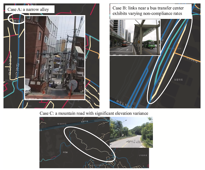 카카오내비는 복잡한 골목길(Case A), 버스 환승센터 부근(Case B), 산간도로(Case C) 등  기존 내비게이션에서 자동으로 반영하지 못한 불편 구간을 실시간 경로 탐색에 반영한다. / 사진=카카오모빌리티