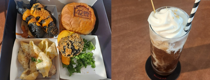 21일 찾은 서울 송파구 샤롯데씨어터에서 뮤지컬펍 '커튼콜 인 샬롯' 프레스콜이 열렸다. 사진은 커튼콜 메뉴인 '투고박스(왼)'와 칵테일 '브로드웨이 42번가'. /사진=손원태 기자