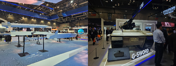 (왼쪽부터) LIG넥스원 '장거리 공대지 유도탄(KALCM)'과 차세대 무인수색차량 'G-Sword' 컨셉 모델. /사진=신혜주 기자