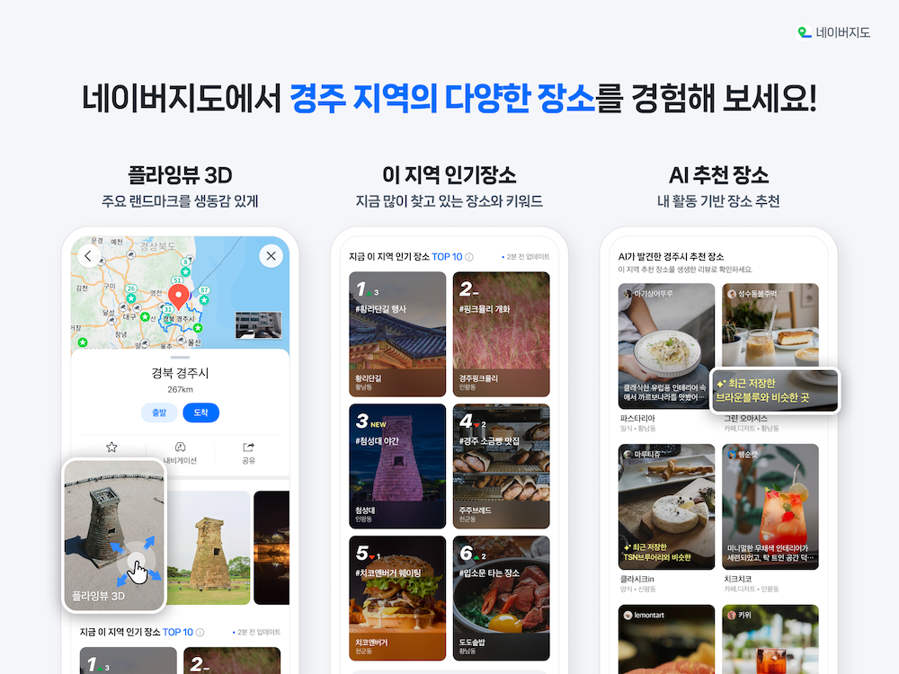 네이버지도 플라잉뷰 3D, 발견피드. / 사진=네이버