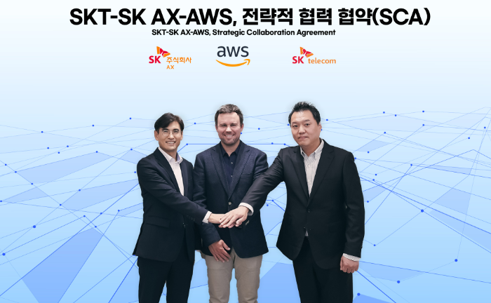 (왼쪽부터) 신장수 SK AX Cloud 부문장과 크리스 케이시(Chris Casey) AWS 아시아태평양 및 일본(APJ) 파트너쉽 총괄, 허민회 SKT AI Cloud 담당. /사진제공=SKT