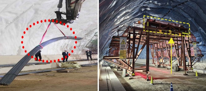 기존 터널공사 현장에서 중장비를 이용해 자재를 옮기는 모습(사진 왼쪽)과 롯데건설 터널공사 현장에서 작업대차에 설치한 양중리프트를 이용해 자재를 옮기는 모습(사진 오른쪽)./롯데건설