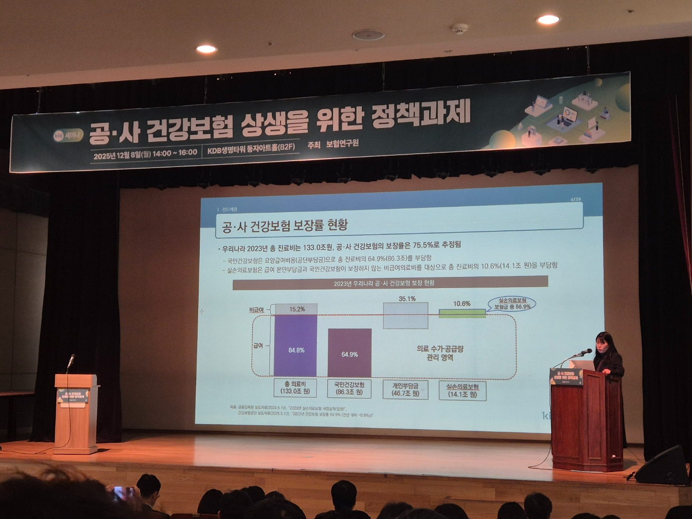 김경선 보험연구원 연구위원이 8일 KDB생명타워에서 열린 '공·사 건강보험 상생을 위한 정책과제' 세미나에서 주제발표를 하고 있다. 사진=강은영 기자