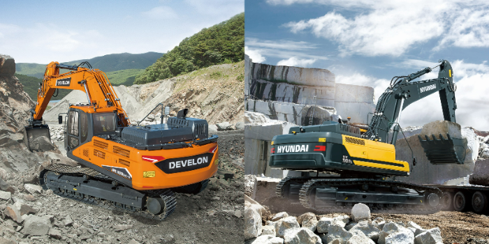 HD건설기계 DEVELON(왼쪽), HYUNDAI 굴착기. /사진제공=HD현대사이트솔루션