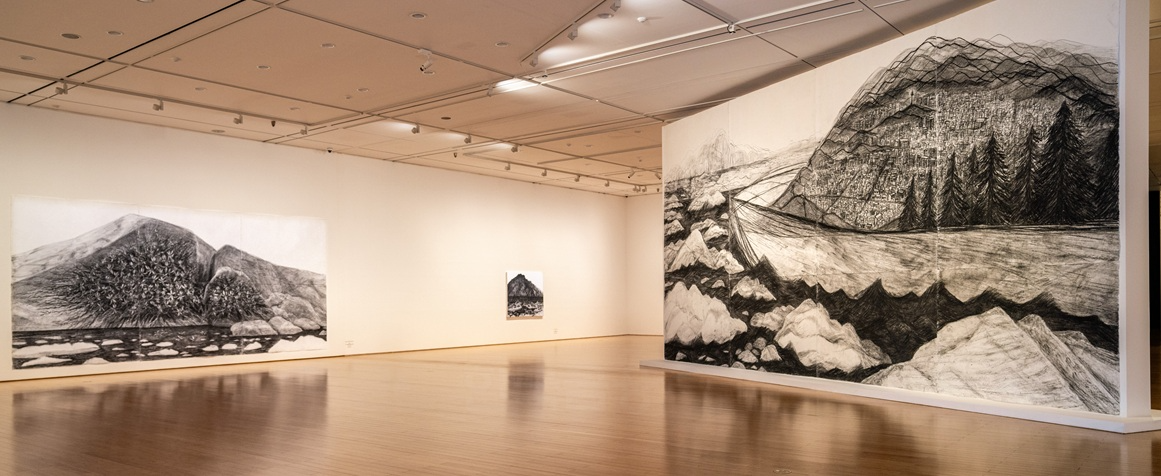 전시전경,빙하와 풍란(좌)300x 642cm,charcoal on Koreanpaper,2025 빙하와 도시(우)450x856cm,2025