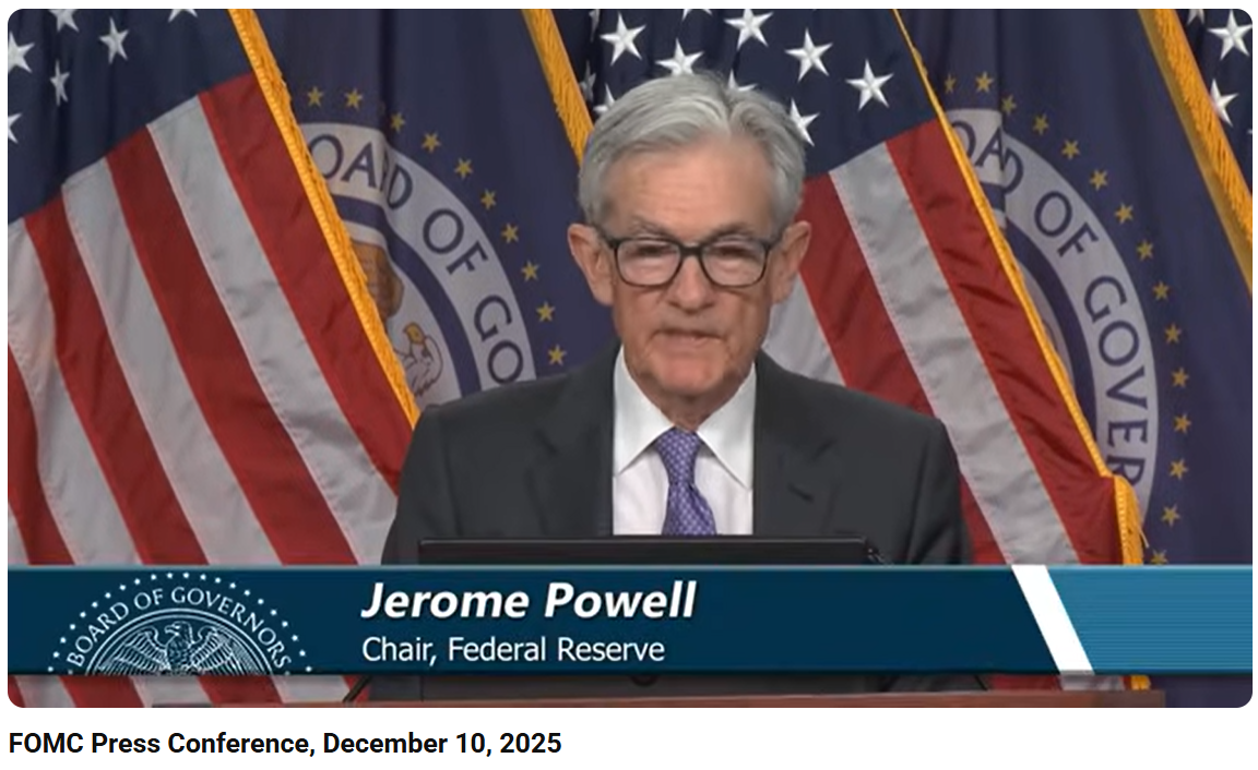 제롬 파월 미국 연준(Fed) 의장 기자회견(2025.12.10) / 사진출처= Federal Reserve 유튜브 채널 갈무리