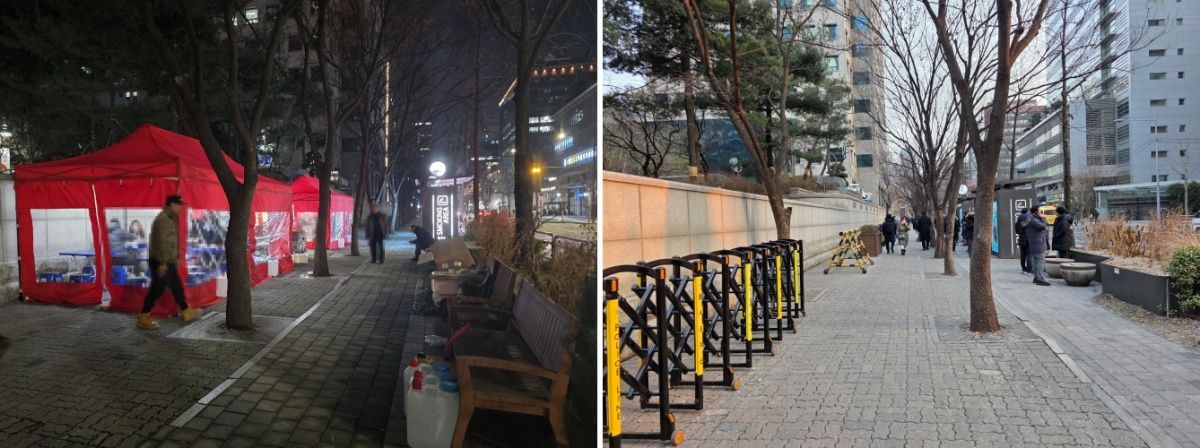 여의도 한국거래소 일대 불법 포장마차 운영 중인 모습(사진 왼쪽)과 정비가 완료된 이후 모습./사진제공=영등포구청